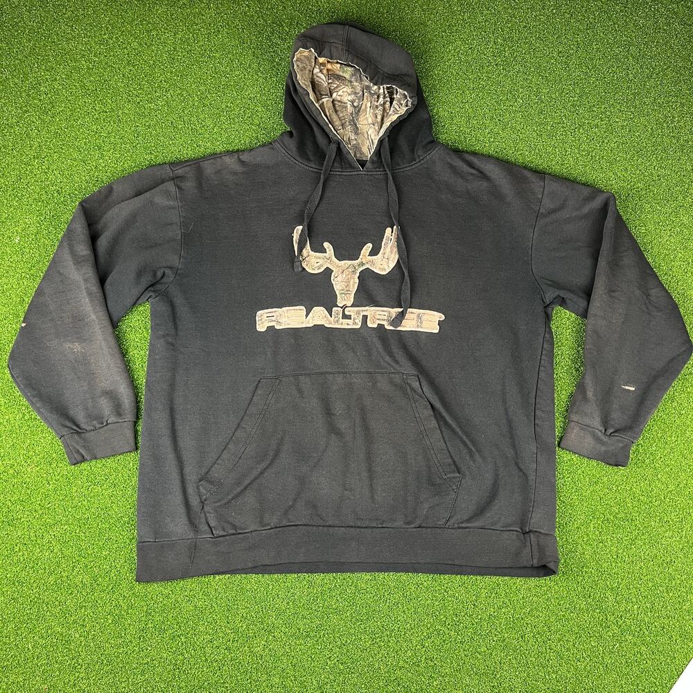 Y2K Sun River Realtree Camo Black Outdoor Hunting Sweatshirt Hoodie Sz XL